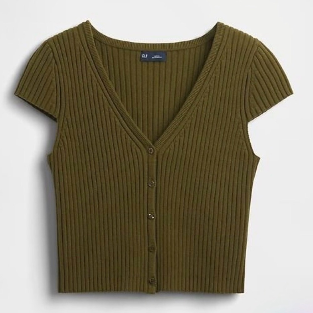 Cropped Ribbed Cardigan Button Front | Soft Stretch Knit Fitted Minimalist - Picture 2 of 5